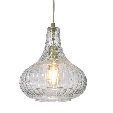 Suspension Venice en verre gaufré transparent et doré, forme goutte, sur fond blanc