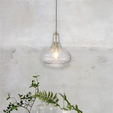 Suspension Venice goutte en verre souffle nervure transparent et monture doree, 24 cm
