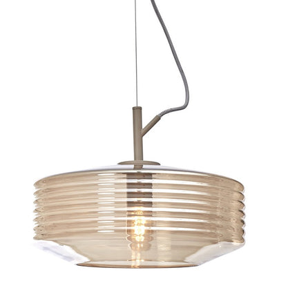 Suspension Verona verre strié ambre Ø35 cm, câble textile gris et blanc, packshot