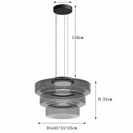 Schéma des dimensions du grand modèle de suspension, trois anneaux de verre, câble 150 cm