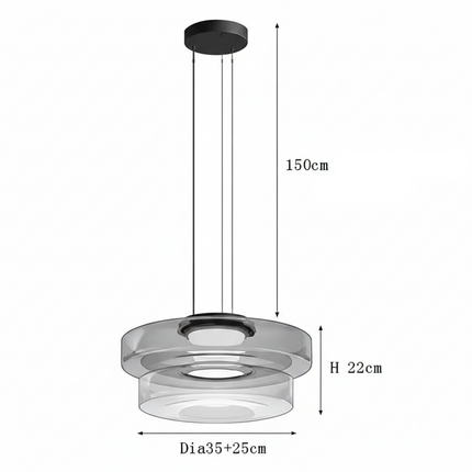 Schéma des dimensions du petit modèle de suspension, deux anneaux de verre, câble 150 cm
