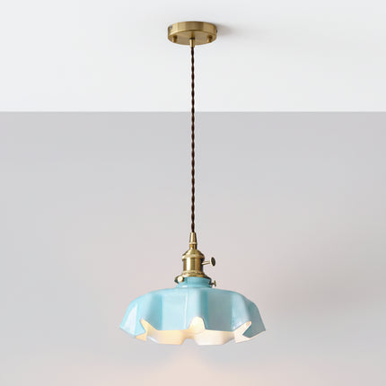 Suspension en verre bleu style nordique suspendue au plafond avec rosace en laiton doré