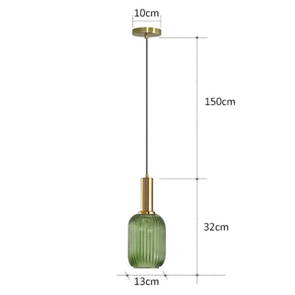 Suspension en verre côtelé compatible ampoule LED E27, lumière douce et chaleureuse.