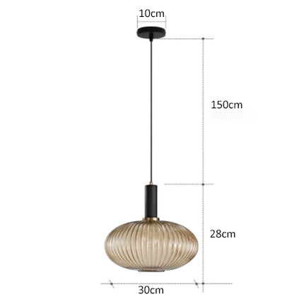 Schéma de cotes du modèle galbé, câble 150 cm, globe 30 cm de diamètre.