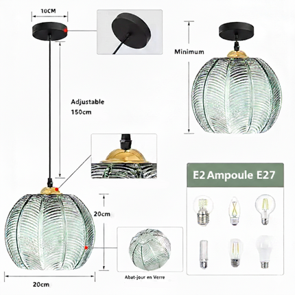 Schéma des dimensions de la suspension en verre à motif nordique.