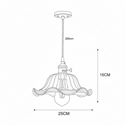 Schéma des dimensions de la suspension en verre floral, diamètre 25 cm et câble de 200 cm