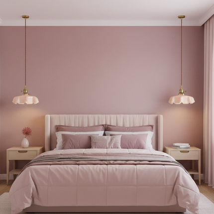 Paire de suspensions en verre rose au-dessus des chevets dans une chambre aux murs vieux rose