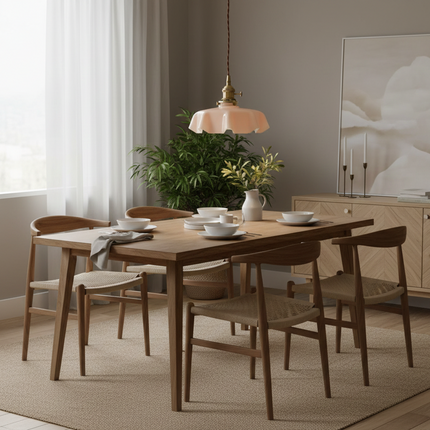 Suspension en verre rose festonné au-dessus d'une table en bois dans une salle à manger scandinave