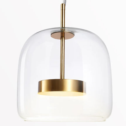Suspension en verre transparent allumée, disque LED intégré diffusant une lumière blanc chaud