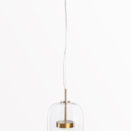 Suspension en verre soufflé transparent et laiton doré, abat-jour dôme et long câble ajustable