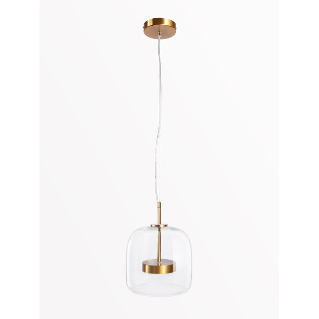 Suspension en verre soufflé transparent et laiton doré, abat-jour dôme et long câble ajustable