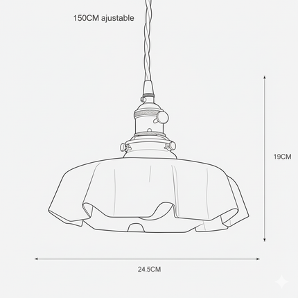 Schéma coté de la suspension en verre vert, diamètre 24,5 cm, hauteur 19 cm, câble 150 cm réglable