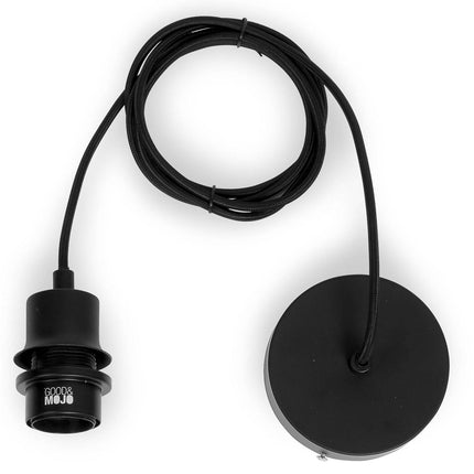 Douille E27 noire et câble textile enroulé de la suspension Zanzibar, présentés sur fond blanc