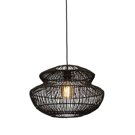 Suspension Zanzibar en rotin tressé noir 40 cm, ampoule allumée, packshot sur fond blanc
