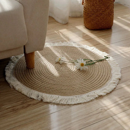 Tapis rond en rotin et jute proposé en plusieurs tailles