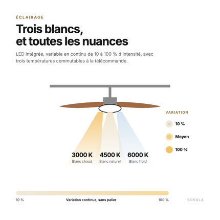 Schéma de l'éclairage : LED intégrée variable de 10 à 100 %, en blanc chaud 3000K, naturel 4500K ou froid 6000K