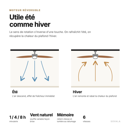 Schéma du moteur réversible : air vers le bas en été, vers le haut en hiver, télécommande à fonction mémoire