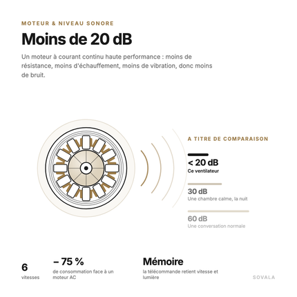 Schéma du moteur à courant continu et du niveau sonore : moins de 20 dB, contre 30 dB pour une chambre calme