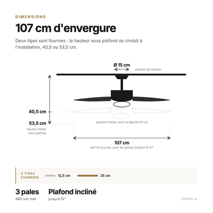 Schéma coté du ventilateur de plafond : 107 cm d'envergure, hauteur de 40,5 ou 53,5 cm, pavillon de 15 cm