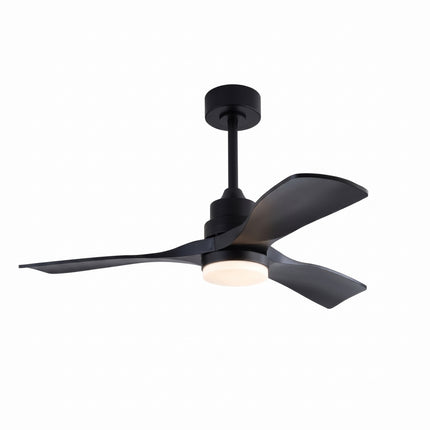 Ventilateur de plafond 107 cm noir mat, trois pales incurvées et disque lumineux, sur fond blanc