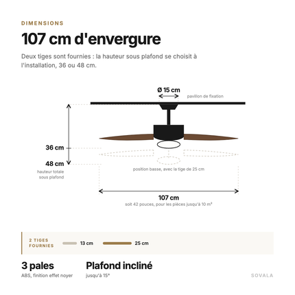Schéma des dimensions du ventilateur de plafond : 107 cm d'envergure, 36 ou 48 cm de hauteur selon la tige installée