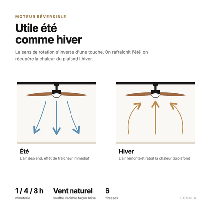 Schéma du moteur réversible : l'air descend en été, remonte en hiver pour rabattre la chaleur du plafond