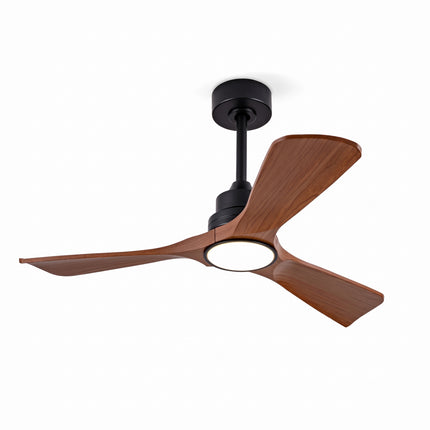 Ventilateur de plafond 107 cm à trois pales effet noyer et bloc moteur noir mat, sur fond blanc