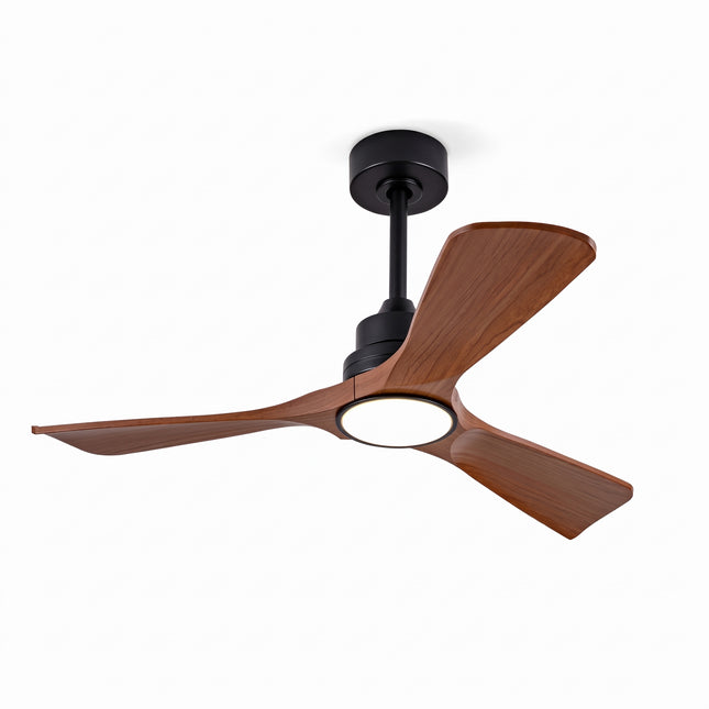 Ventilateur de plafond 107 cm à trois pales effet noyer et bloc moteur noir mat, sur fond blanc