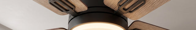 Détail du moyeu noir et du diffuseur LED allumé du ventilateur de plafond à 5 pales