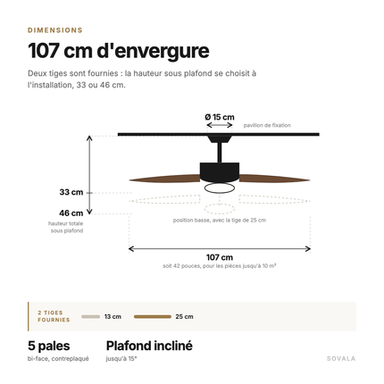 Schéma des dimensions du ventilateur de plafond : 107 cm d'envergure, 33 ou 46 cm de hauteur selon la tige
