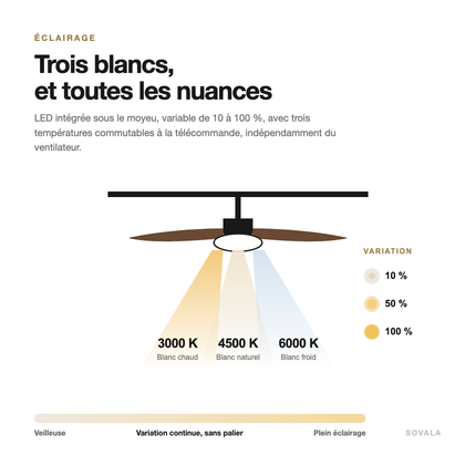 Schéma de l'éclairage : LED intégrée variable de 10 à 100 %, en blanc chaud 3000K, naturel 4500K ou froid 6000K