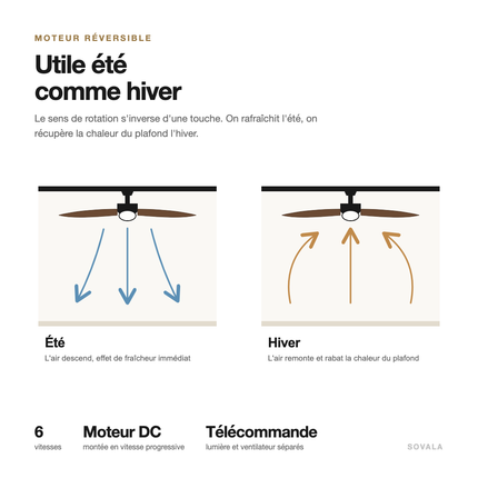 Schéma du moteur réversible : air vers le bas en été, vers le haut en hiver, 6 vitesses