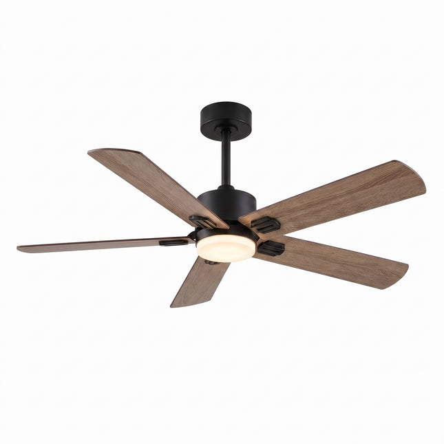 Ventilateur de plafond 107 cm à 5 pales effet noyer, structure noire et éclairage LED intégré allumé
