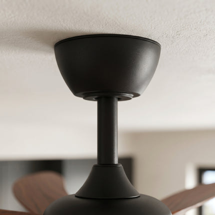 Détail du pavillon et de la tige en métal noir mat du ventilateur de plafond, fixés au plafond