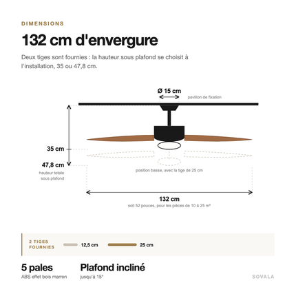Schéma coté du ventilateur de plafond : 132 cm d'envergure, hauteur de 35 ou 47,8 cm selon la tige, pavillon de 15 cm