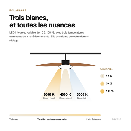 Schéma de l'éclairage : LED en trois blancs 3000K, 4000K et 6000K, variable de 10 à 100 % sans palier