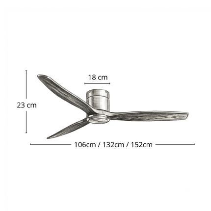 Schéma des dimensions du ventilateur de plafond bas : hauteur 23 cm, boîtier 18 cm, envergure 106, 132 ou 152 cm