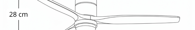 Schéma des dimensions du ventilateur de plafond bas avec LED : hauteur 28 cm, boîtier 18 cm, envergure 106 à 152 cm
