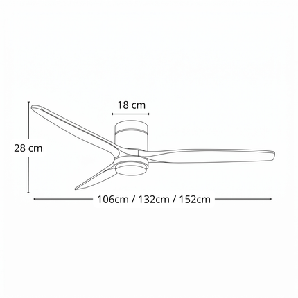 Schéma des dimensions du ventilateur de plafond bas avec LED : hauteur 28 cm, boîtier 18 cm, envergure 106 à 152 cm