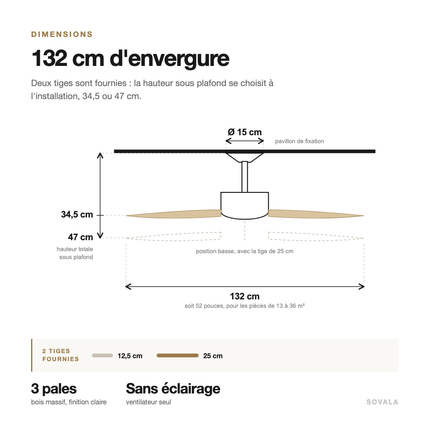Schéma des dimensions du ventilateur de plafond : 132 cm d'envergure, 34,5 ou 47 cm de hauteur selon la tige