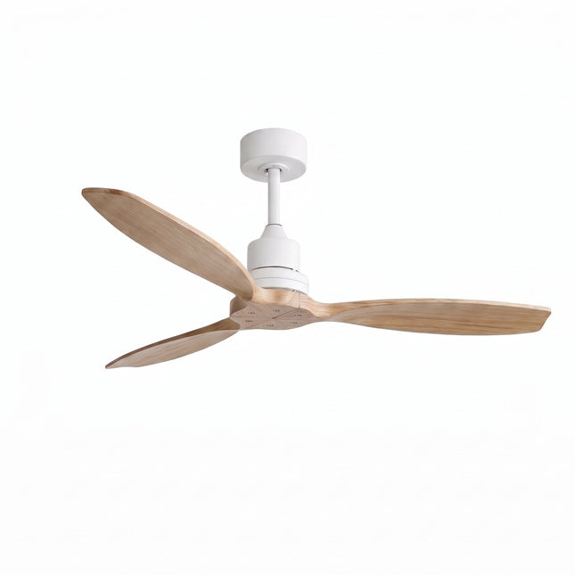 Ventilateur de plafond 132 cm sans lumière, trois pales en bois massif clair et bloc moteur blanc
