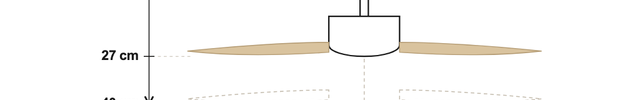 Schéma coté du ventilateur de plafond : 97 cm d'envergure, hauteur de 27 ou 40 cm selon la tige, pavillon de 15 cm