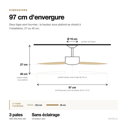 Schéma coté du ventilateur de plafond : 97 cm d'envergure, hauteur de 27 ou 40 cm selon la tige, pavillon de 15 cm
