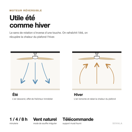 Schéma du moteur réversible : l'air descend en été, remonte en hiver pour rabattre la chaleur du plafond