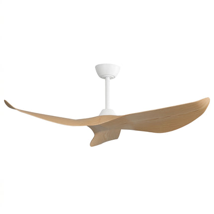 Ventilateur de plafond 97 cm sans éclairage, pavillon et tige blancs, trois pales effet bois clair, sur fond blanc