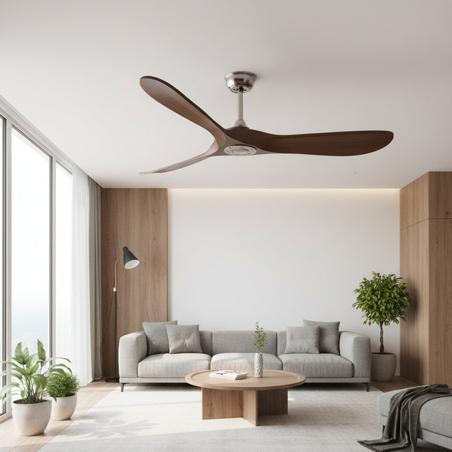 Vintage Silent Ceiling Fan with LED - Silver and Dark Wood