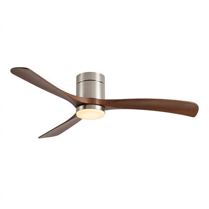Ventilateur de plafond silencieux DC 3 pales techniques ABS bois foncé moyeu argent brossé LED intégrée fond blanc
