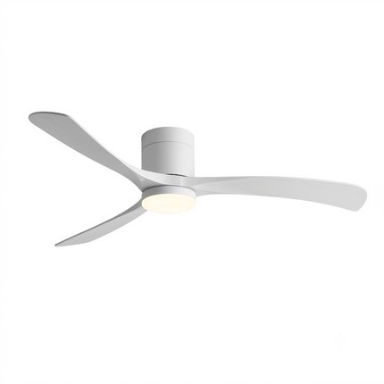 Ventilateur de plafond silencieux DC 3 pales techniques ABS blanc mat moyeu blanc LED intégrée fond blanc