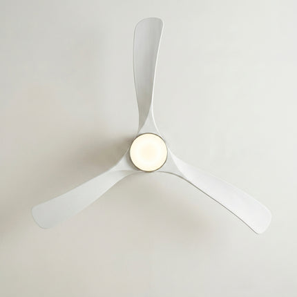 Vue du dessous du ventilateur de plafond flush mount 3 pales techniques ABS blanc mat et diffuseur LED central