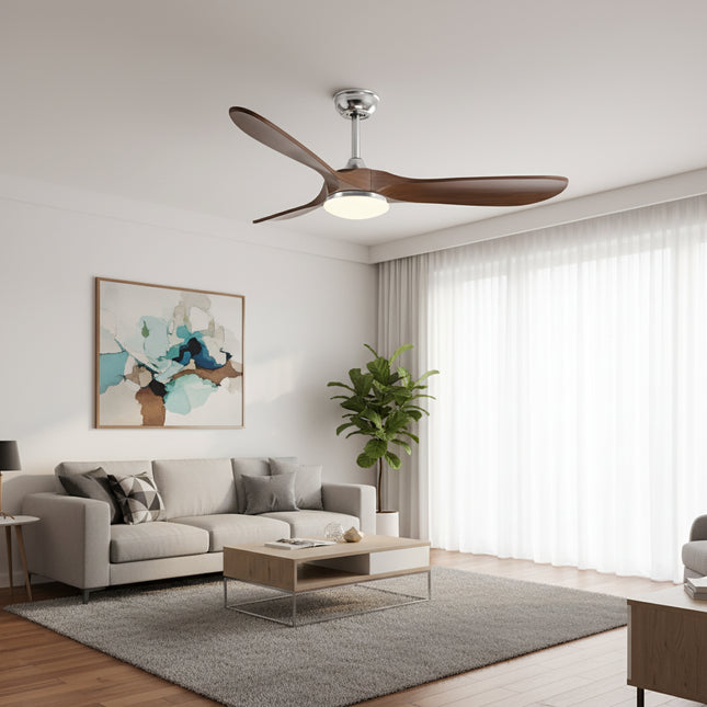 Ventilateur Plafond Silencieux Vintage avec LED - Argent et Bois Foncé